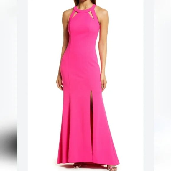 NWT Vince Camuto Hot Pink Halter Neck Sheath Cocktail Floor Length Dress - Picture 1 of 5